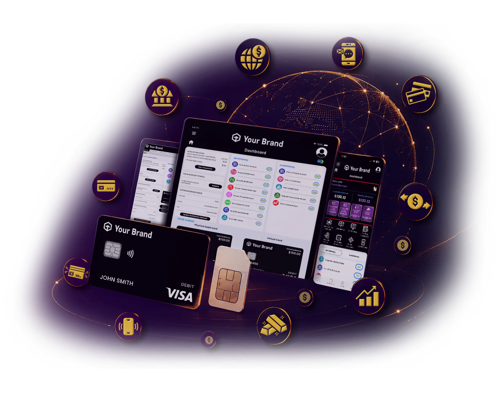 A debit card, a tablet dashboard and two phones arranged around a globe of light, ringed by icons for bank transfer, cards, international payment and payouts. The card, the tablet and the phones all carry the same stand-in mark reading "Your Brand".